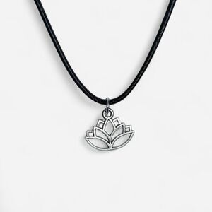 Silver Tone Lotus Flower Pendant on Black Cord Necklace